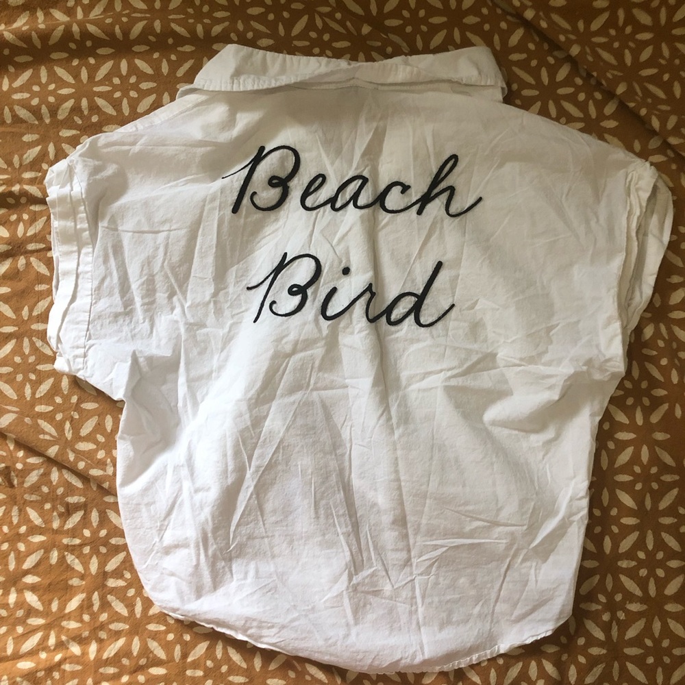 Beach Bird Embroidered Button Up Crop Top
